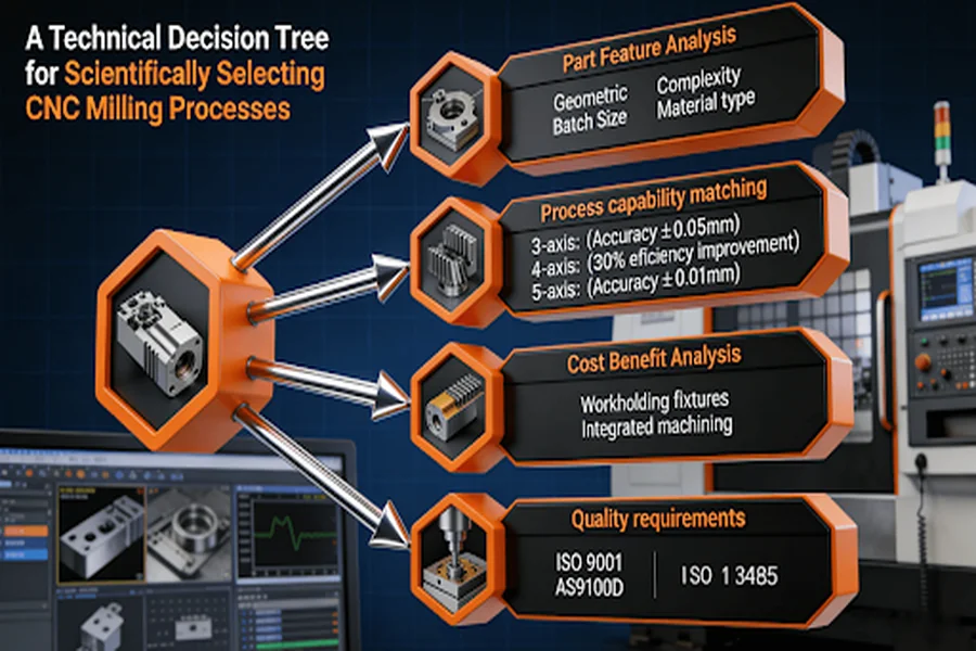 CNC milling process selection decision tree based on part complexity, batch size, material type and quality certification requirements