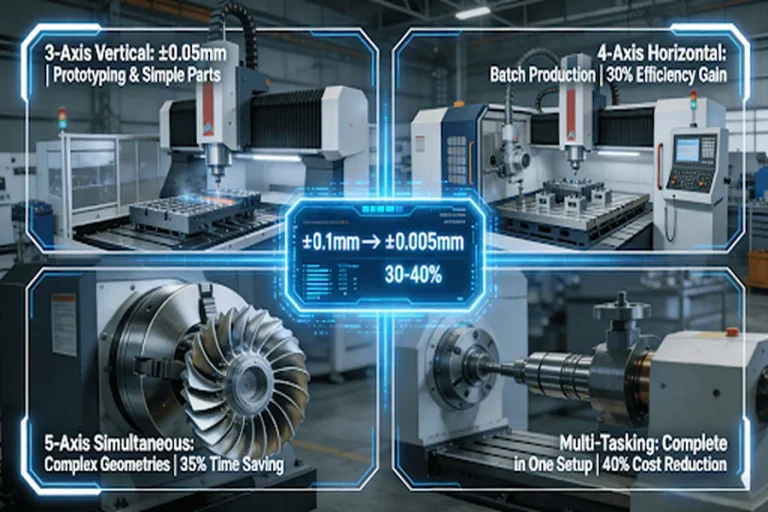 CNC milling technology roadmap showing 3-axis, 4-axis, 5-axis and multi-tasking machining applications with precision from ±0.05mm to ±0.005mm