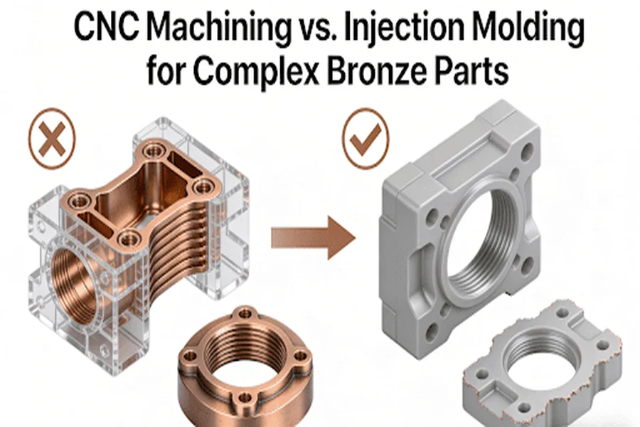 Infographic comparing the advantages of bronze CNC machining over traditional injection molding for complex electronic components.