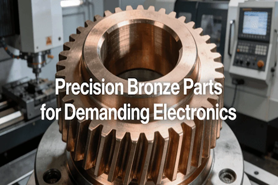 Close-up of a precision-machined bronze component for mobile devices on a CMM machine, showcasing superior surface finish.